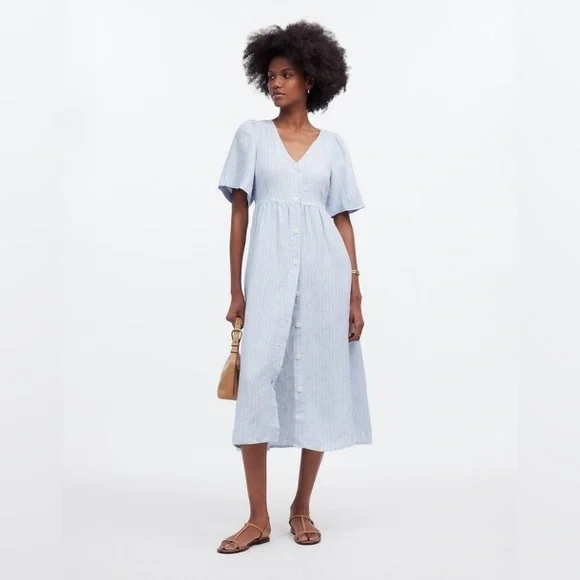 Madewell Cassie Button Front Linen Striped Midi Dress - Picture 2 of 7